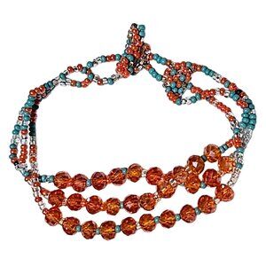 Handmade Seed Beaded Multi Strand Bracelet Faceted Orange Turquoise Beads
